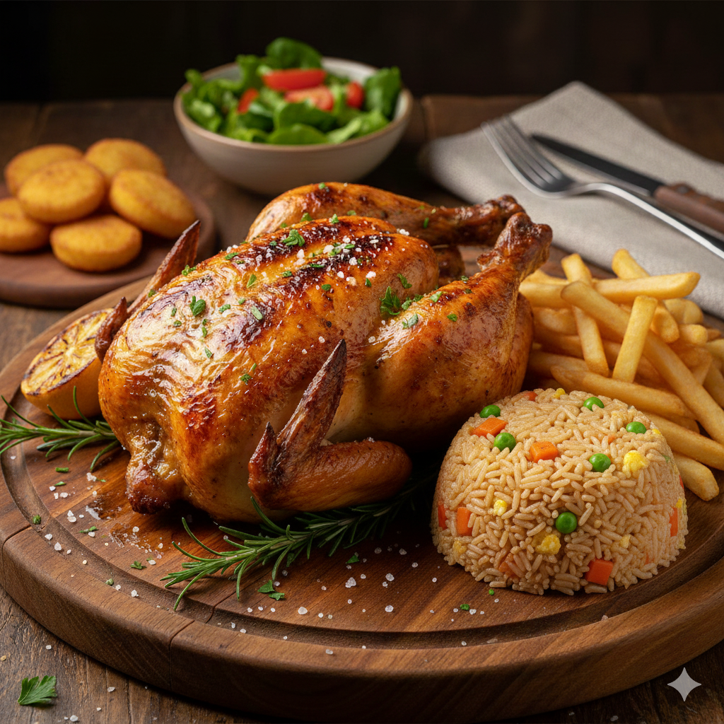 Pollo asado Entero (arroz y papas fritas).